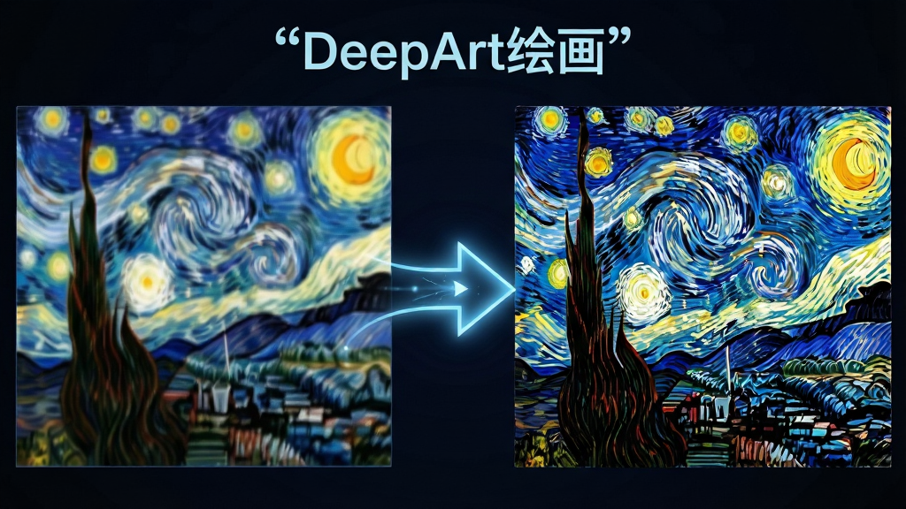 һ��չʾDeepArt�滭���Ǩ�ƹ��ܵ�ʾ��ͼ�����������һ����ͨ�ķ羰��Ƭ���м���һ�������ת����ͷ���Ҳ���ͬһ����Ƭ����AI������������ǿշ����ͻ�Ч����ͼƬ�Ϸ������ű�ע��DeepArt�滭�������岼�����ҶԳƣ����Ƽ����������н�ϣ�ϸ�����������ʸɾ����޶���Ԫ��