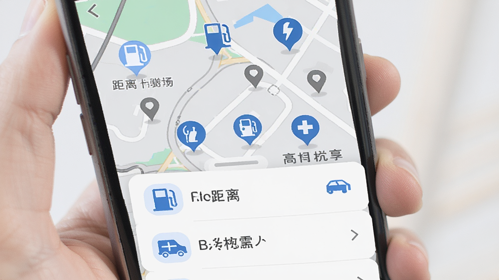 高行极速导航周边服务搜索界面,手机屏幕展示地图上分布着加油站、停车场、充电桩等POI图标,底部弹出列表卡片显示距离与名称,配色为浅灰底配蓝色图标,扁平化设计风格,布局清晰有序,画质干净利落