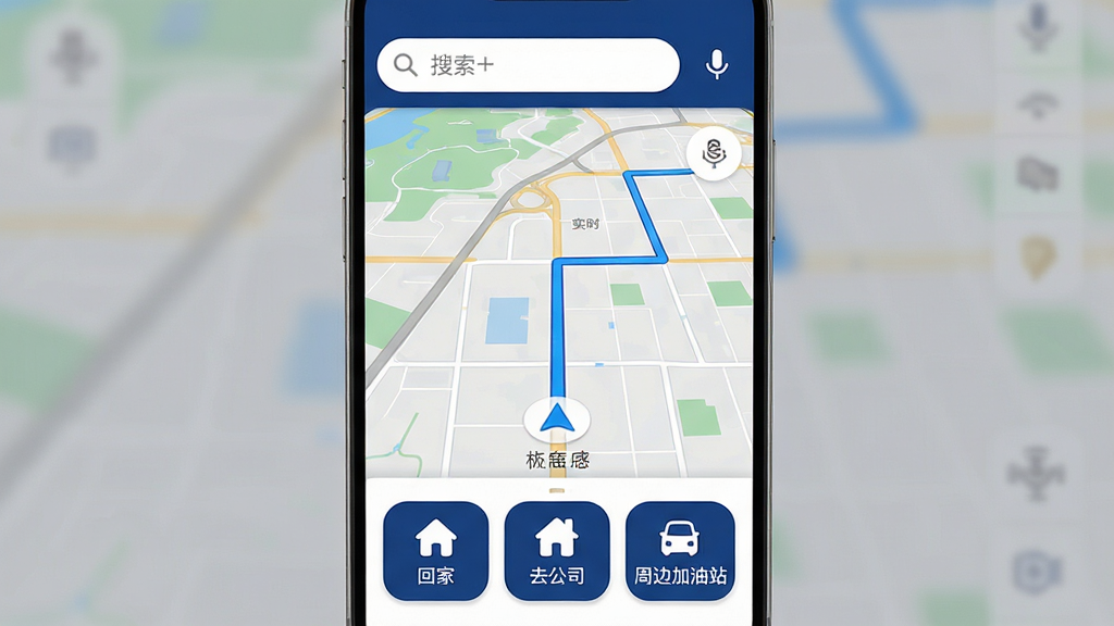 高行极速导航应用主界面全貌展示,手机屏幕竖版构图,顶部为搜索框与语音输入图标,中间为实时地图与蓝色导航路线,底部为回家、去公司、周边加油站三个快捷按钮,整体采用深蓝与白色配色方案,扁平化设计风格,图标线条简洁圆润,画质清晰干净,无多余装饰元素