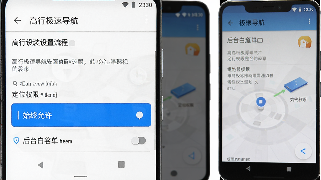 高行极速导航安装设置流程示意图,手机屏幕展示权限设置页面,突出显示定位权限“始终允许”选项与后台白名单开关,界面为安卓系统设置风格,配色为白色底配蓝色高亮,布局清晰直观,画质干净无多余元素