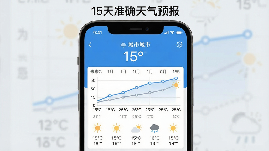һ���ֻ���Ļչʾ����Ӧ�������棬������ʾ�������ƺ͵�ǰ�¶ȣ��м���δ��15��������������ͼ���·�������ÿ������ͼ����¶����䣬���岼�ּ��������������ɫ������ִ���ƽ�����ʸɾ��޶���Ԫ�أ���Ļ�Ϸ��С�15��׼ȷ����Ԥ��������