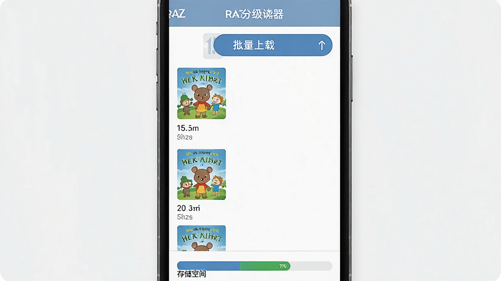 一张展示RAZ分级阅读器离线缓存功能的图片,画面中手机屏幕显示下载管理界面,列表里排列着已缓存的绘本封面和文件大小,顶部有批量下载按钮,底部显示存储空间使用条,风格简洁直观,画质干净,无多余元素