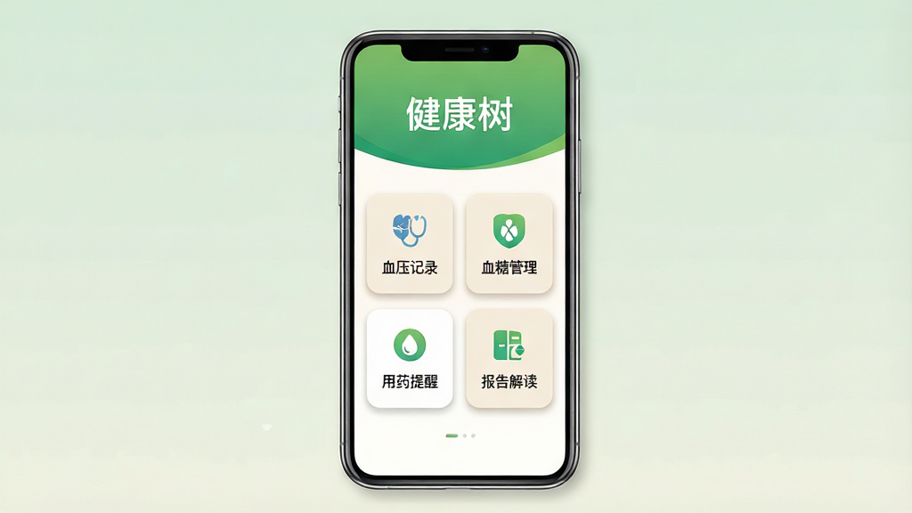 健康树App主界面全貌展示,画面中央一部智能手机竖屏显示App首页,顶部是绿色渐变背景配白色文字标题“健康树”,下方排列着血压记录、血糖管理、用药提醒、报告解读四个功能卡片,卡片采用圆角设计配柔和阴影,背景为浅米色与白色搭配,整体风格清新干净,扁平化设计,画质清晰明亮,无多余装饰元素