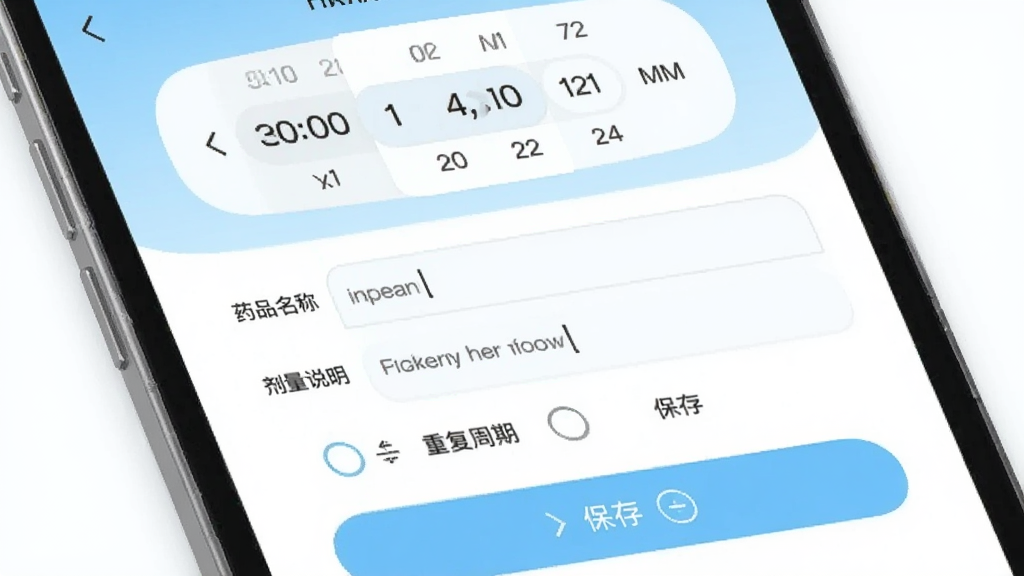 健康树App用药提醒功能展示,手机屏幕显示提醒设置页面,上方是时间选择器,中间是药品名称输入框和剂量说明,下方是重复周期选项和保存按钮,界面以浅蓝色和白色为主,图标简洁圆润,背景干净,整体风格清爽易读,画质清晰