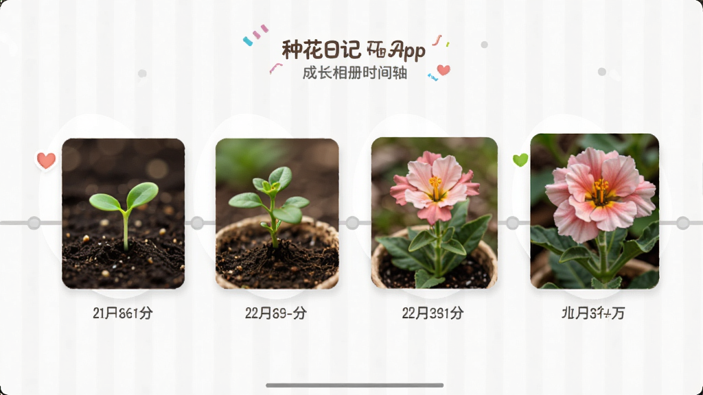 种花日记App的成长相册时间轴界面,画面展示一株植物从幼苗到开花的四张照片按时间顺序排列,每张照片下方标注日期,背景是浅灰色时间线,风格温馨,排版整洁,画质清晰,无多余装饰