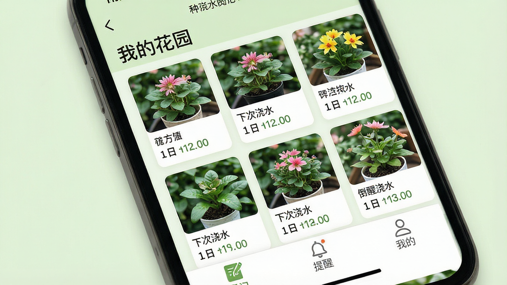 一张手机屏幕特写图,画面中央是“种花日记”App的主界面,布局简洁,顶部显示“我的花园”标题,中间是网格状排列的植物卡片,每张卡片上有植物照片、名称和下次浇水倒计时,底部是“日记”“提醒”“我的”三个导航标签,风格清新自然,浅绿色调,画质干净,无多余元素