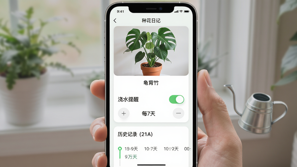 种花日记App的浇水提醒设置界面,画面中显示一盆绿植的卡片详情页,上方是植物照片和名称“龟背竹”,中间有“浇水提醒”开关和“每7天”的周期选择器,下方是历史记录时间线,界面采用浅色卡片式设计,风格清爽,文字清晰,画质干净