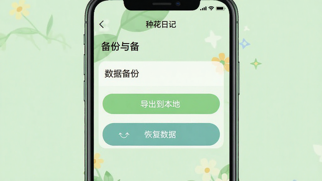 种花日记App的设置与备份界面,画面显示手机屏幕上的“数据备份”选项,旁边有“导出到本地”和“恢复数据”两个按钮,界面背景是浅绿色,布局清晰,风格简约,画质干净