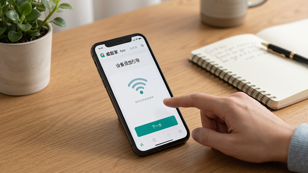 威能家新手操作指引示意图,画面中一部手机放在桌面上,屏幕显示威能家App的设备添加引导页面,页面上有下一步按钮和WiFi信号图标,旁边有一只手正在点击手机屏幕,背景是家庭书桌环境,有绿植和笔记本,风格生活化教学感,画质清晰,无多余元素
