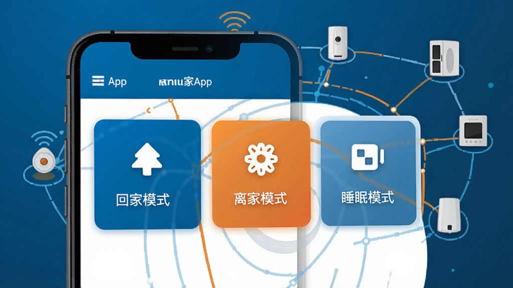 威能家场景联动功能示意图,手机界面显示威能家App的场景设置页面,页面上有回家模式、离家模式、睡眠模式三个大方块卡片,每个卡片配有不同的图标,回家模式卡片高亮显示,背景是智能家居设备互联的抽象线条连接图,风格扁平化科技感,颜色以蓝色和橙色点缀,画质干净清晰,无多余元素