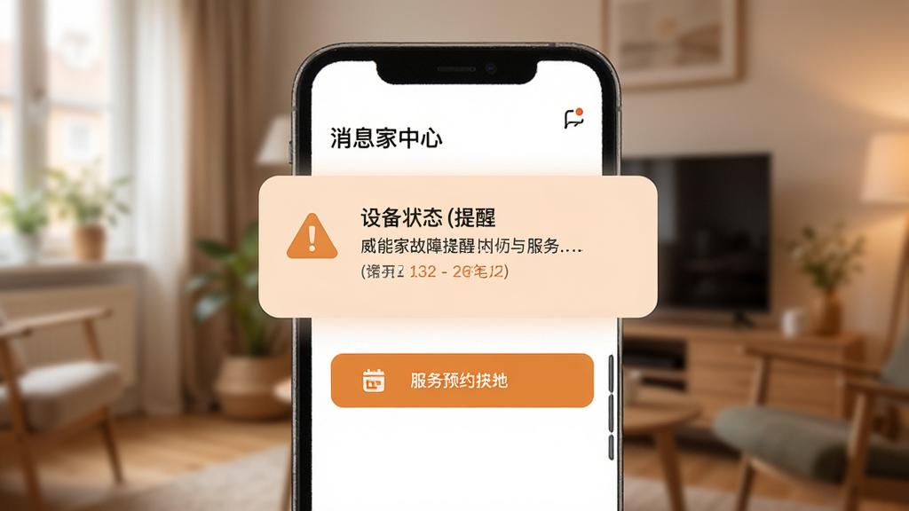 威能家故障提醒与服务界面,手机屏幕显示威能家App的消息中心页面,有一条设备状态提醒卡片,卡片用浅橙色背景突出显示,上面有警告图标和简短文字说明,下方是服务预约的快捷按钮,背景是温馨的家庭环境虚化图,风格简洁实用,画质清晰,无多余元素