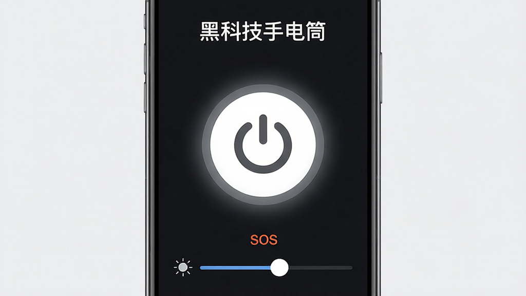 画面主体是一部智能手机,屏幕点亮显示黑科技手电筒APP的主界面,中央是一个巨大的圆形电源开关按钮,按钮呈亮白色发光状态,背景为深色极简风格,顶部有“黑科技手电筒”字样,布局为上下结构,上方是开关下方是SOS和亮度调节滑条,风格为现代科技感扁平化设计,细节上按钮边缘有柔和光晕,画质清晰干净,无多余元素
