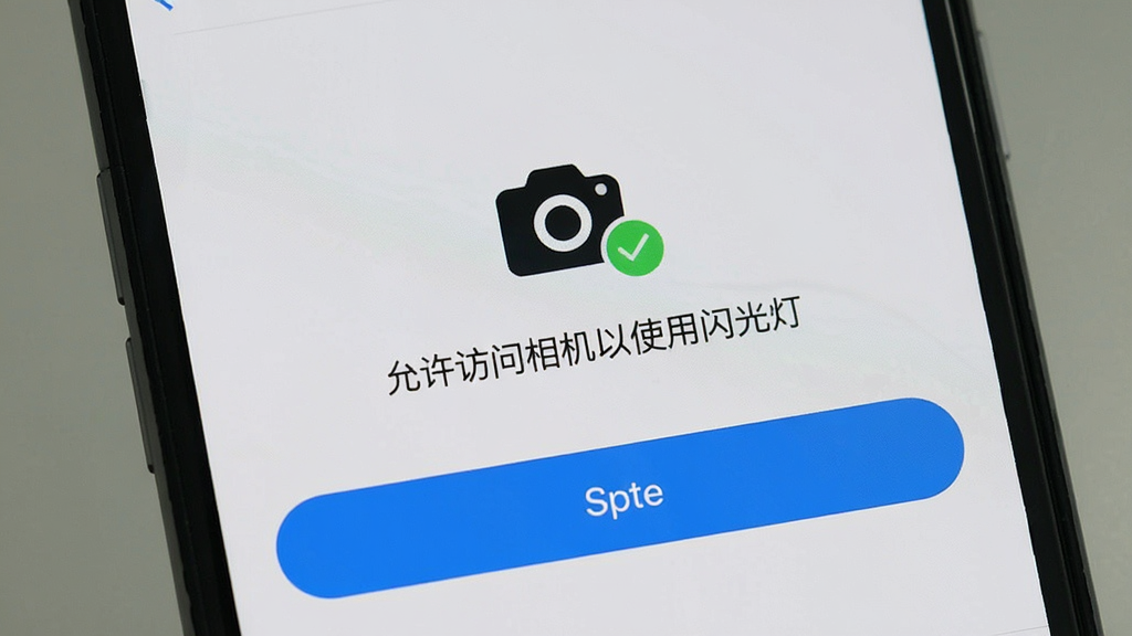 画面主体是一个手机屏幕特写,显示黑科技手电筒APP的权限设置引导页面,页面中央有一个相机图标旁边打勾,下方有文字“允许访问相机以使用闪光灯”,背景为浅灰色,布局简洁居中,风格为系统设置界面风格,细节上按钮为蓝色圆角矩形,画质清晰干净,无多余元素