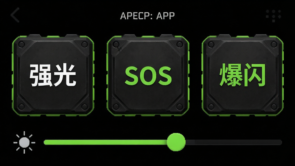 画面主体是黑科技手电筒APP的功能界面截图,屏幕显示三个并排的大按钮,分别标注“强光”“SOS”“爆闪”,按钮下方有亮度调节滑块,界面背景为纯黑色,文字为白色和荧光绿色,布局为纵向排列,风格为硬核工具类应用设计,细节上按钮带有轻微的按压质感,画质锐利干净,无多余装饰