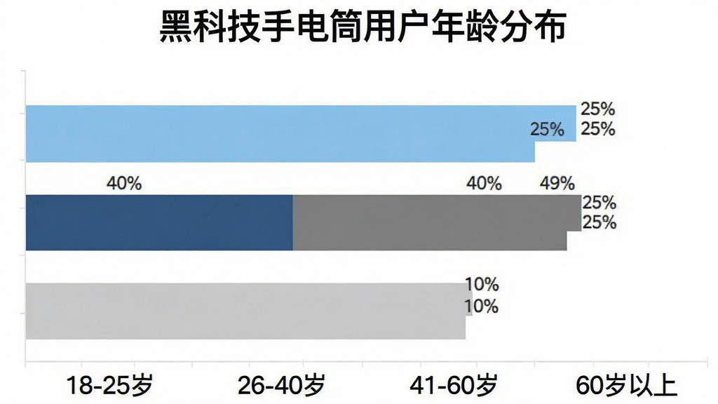 画面主体是一个横向柱状图,标题为“黑科技手电筒用户年龄分布”,图表分为四个柱条,分别标注“18-25岁”占比25%、“26-40岁”占比40%、“41-60岁”占比25%、“60岁以上”占比10%,柱条颜色分别为浅蓝、深蓝、灰色、浅灰,背景为纯白色,布局简洁清晰,风格为扁平化数据可视化图表,细节上柱条顶部有数值标签,画质干净无多余元素