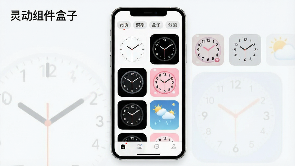 һ���ֻ�Ӧ�ý����չʾͼ�������������ֻ���Ļ����Ļ����ʾ��һ������״���е�С���ģ��⣬ÿ��������һ�ֲ�ͬ����ʱ�ӻ������������ͼ���а�ɫ������ɫ�Ƽ����ɫ�ɰ���ȣ����涥���з����ǩ�����ײ��е�����ť���������������������ʸɾ�����Ļ���Ͻ���ʾ