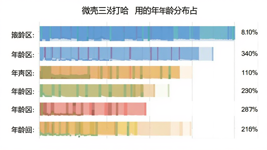 微壳三打哈 用户年龄分布柱状图 主体为柱状图展示不同年龄段用户占比 布局左侧为年龄区间标签 右侧为百分比数值 风格为扁平数据可视化 细节清晰 画质干净 无多余元素