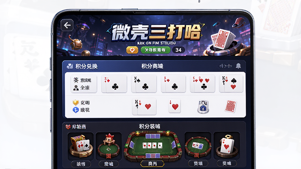微壳三打哈 功能特色展示图 主体为手机屏幕中的赛事活动页面与积分商城 布局上方显示赛事横幅 中间是积分兑换列表 下方为牌桌装扮预览 风格为游戏化UI设计 细节精致 画质清晰 无多余元素