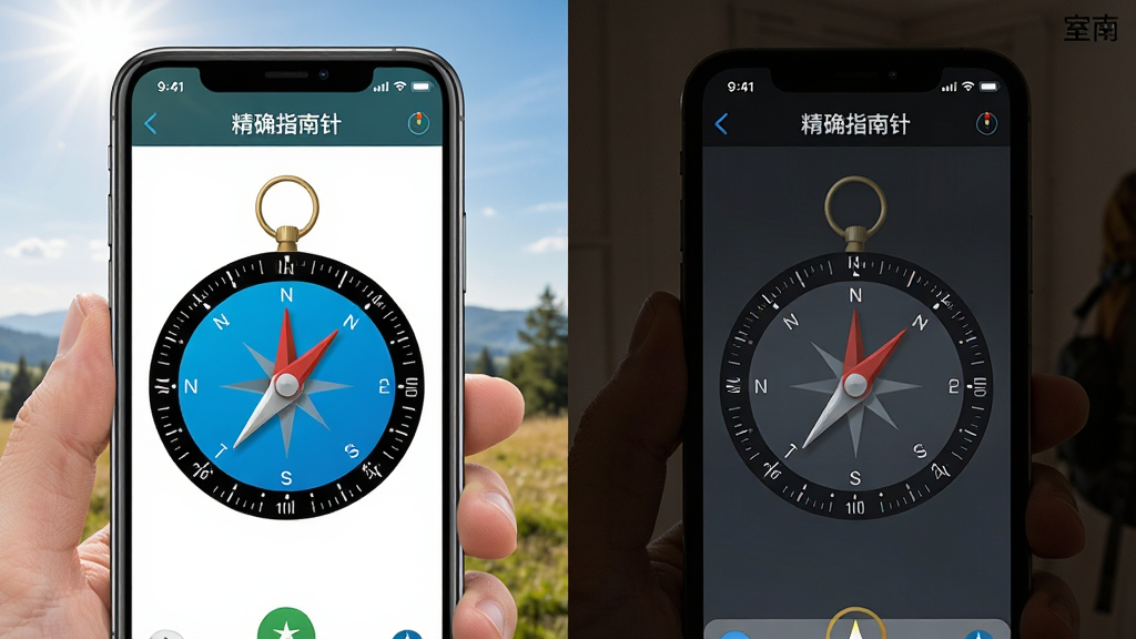 精确指南针应用在不同场景下的使用示意图,左侧展示户外阳光下手机屏幕清晰可见罗盘界面,右侧展示室内弱光环境下界面自动调整亮度,画面中手机屏幕上的“精确指南针”文字清晰可辨,整体风格为实景合成图,画质明亮干净,无杂乱背景元素