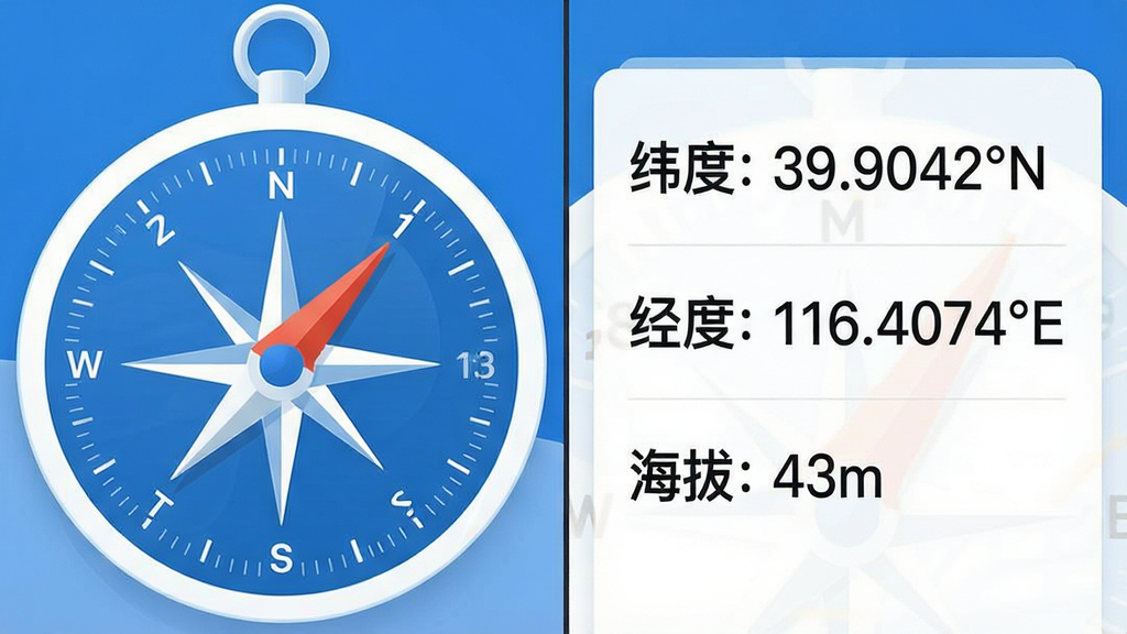 精确指南针应用的功能展示图,画面分为左右两部分,左侧是罗盘主界面特写,右侧是经纬度与海拔数据面板,面板上用清晰的数字字体显示“纬度: 39.9042°N”“经度: 116.4074°E”“海拔: 43m”,整体配色以蓝色和白色为主,风格简洁现代,画质干净,无多余装饰元素