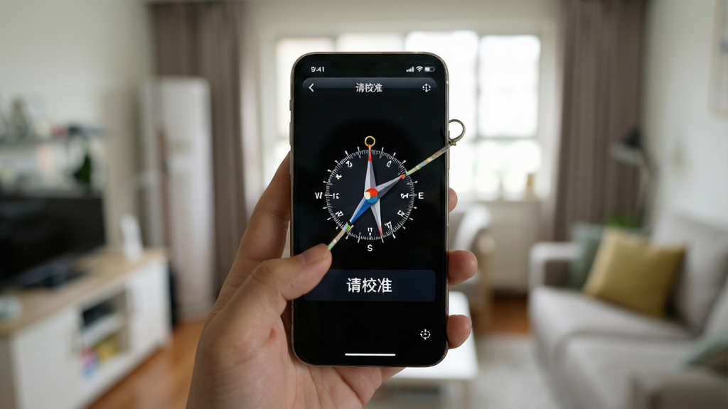 精确指南针应用的校准操作示意图,画面中一只手拿着手机在空中画8字轨迹,手机屏幕上显示罗盘界面和“请校准”提示文字,背景为虚化的室内环境,整体风格为实景教学图,画质清晰,重点突出手机屏幕内容,无多余元素