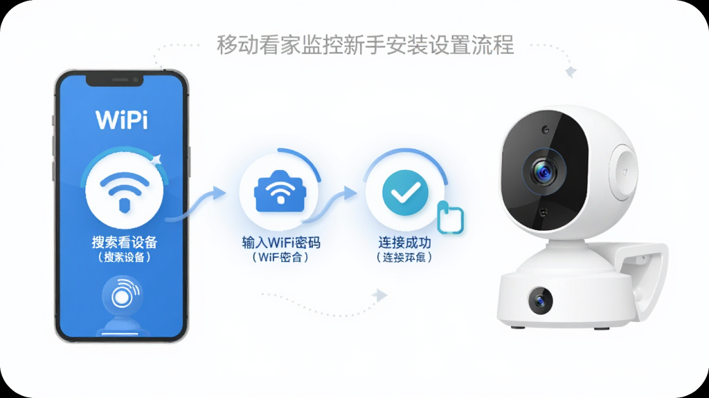 移动看家监控新手安装设置流程示意图,画面展示手机连接摄像头WiFi的步骤,屏幕上有搜索设备、输入WiFi密码、连接成功三个步骤图标,旁边有摄像头设备,整体风格为扁平化信息图,蓝白配色,布局清晰有条理,画质干净