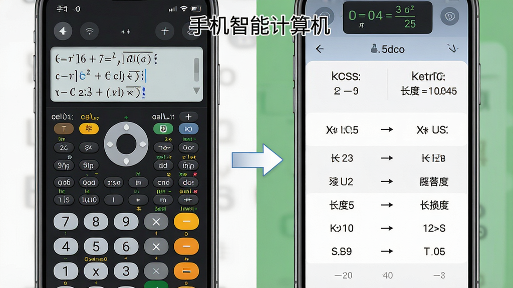 一张展示手机智能计算机科学计算与单位换算功能的场景图,画面左侧手机屏幕显示科学计算器键盘与复杂公式输入框,右侧手机屏幕展示汇率与长度单位换算界面,中间用箭头连接表示功能切换,布局为左右分栏对比,风格清新简洁,细节清晰,画质干净无多余元素,图片中带“手机智能计算机”文字标识