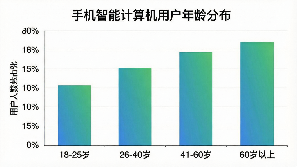 一张展示手机智能计算机用户年龄分布的柱状图,横轴为年龄段“18-25岁”“26-40岁”“41-60岁”“60岁以上”,纵轴为用户人数占比百分比,柱子颜色采用蓝绿渐变,图表上方标注“手机智能计算机用户年龄分布”,布局居中,风格简洁商务,细节清晰,画质干净无多余元素