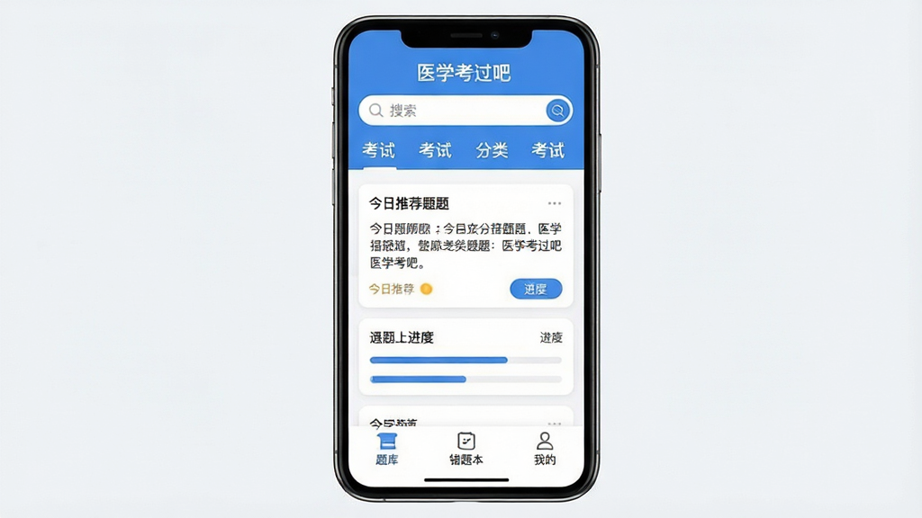 一张展示医学考过吧应用主界面的手机截图风格图片,画面中央是一部智能手机,屏幕上显示着“医学考过吧”的首页,顶部有搜索框和考试分类标签,中部是今日推荐题目卡片和进度条,底部有题库、错题本、我的三个导航按钮。整体布局简洁清晰,采用蓝白配色,风格现代扁平,细节圆润,画质干净无多余元素。