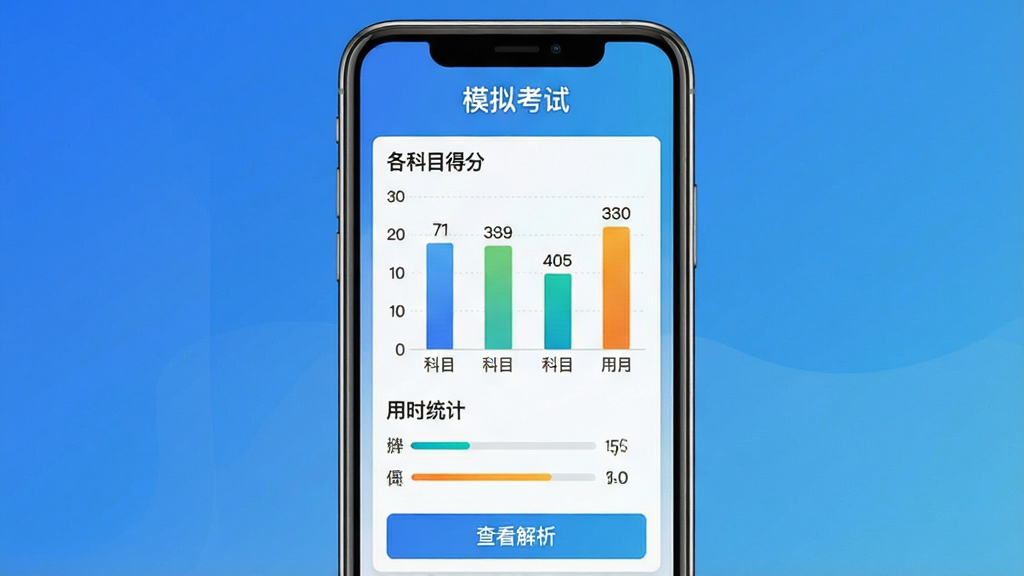 一张展示医学考过吧模拟考试与成绩分析界面的图片,手机屏幕上显示一份成绩报告,包含各科目得分柱状图和用时统计,顶部有“模拟考试”标题,底部有“查看解析”按钮。画面采用蓝色渐变背景,图表配色鲜明,数据标签清晰可读,整体风格专业简洁,画质干净无多余装饰。