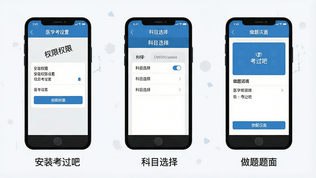 一张展示医学考过吧在手机上刷题操作步骤的示意图,画面分为三个并排的手机屏幕,从左到右依次显示:安装权限设置界面、科目选择页面、做题界面。每个屏幕下方有简短的步骤文字标注,整体采用扁平化插画风格,配色以蓝白灰为主,布局清晰,细节干净,画质清爽无杂乱元素。