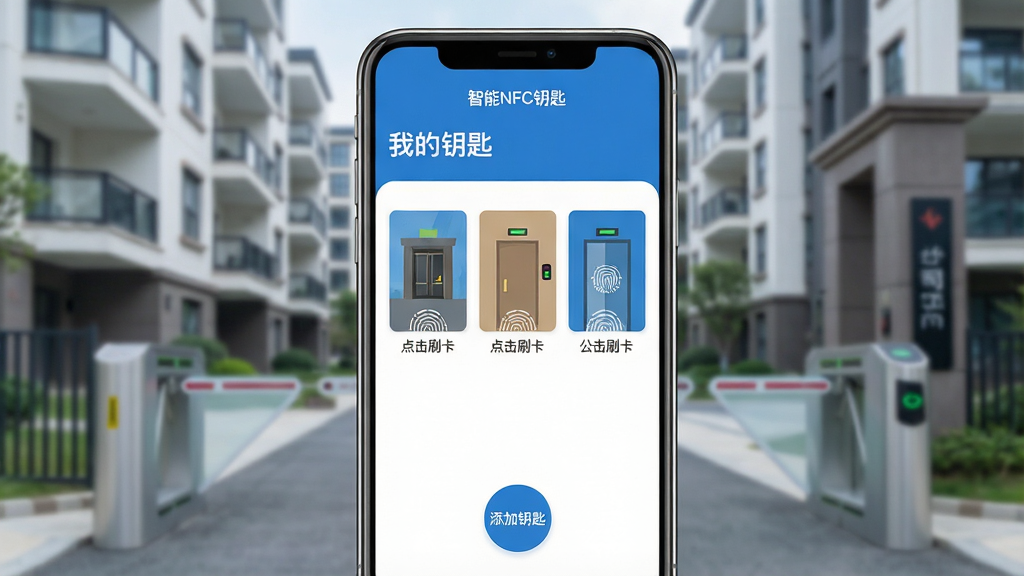 一张展示智能手机屏幕的图片,屏幕中央是名为“智能NFC钥匙”的应用主界面,界面以蓝白配色为主,顶部显示“我的钥匙”标题,中间区域整齐排列着三张虚拟门禁卡图标分别是小区大门、单元门和公司门禁,每张卡片下方标注“点击刷卡”字样,底部为“添加钥匙”圆形按钮,背景是虚化的现代城市公寓楼与小区门禁闸机场景,整体风格简洁现代扁平化,画质清晰干净,无多余元素