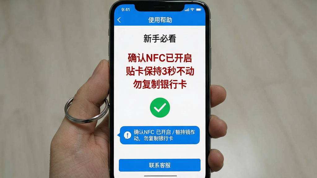 一张手机屏幕截图风格的图片,画面展示“智能NFC钥匙”应用内的“使用帮助”页面,页面顶部标题为“新手必看”,下方用红色加粗字体列出三条注意事项分别是“确认NFC已开启”“贴卡保持3秒不动”“勿复制银行卡”,中间穿插一个绿色对勾图标和蓝色信息提示框,底部为“联系客服”按钮,整体排版清晰易读,风格简洁工具类应用界面,配色蓝白红,画质干净无多余元素