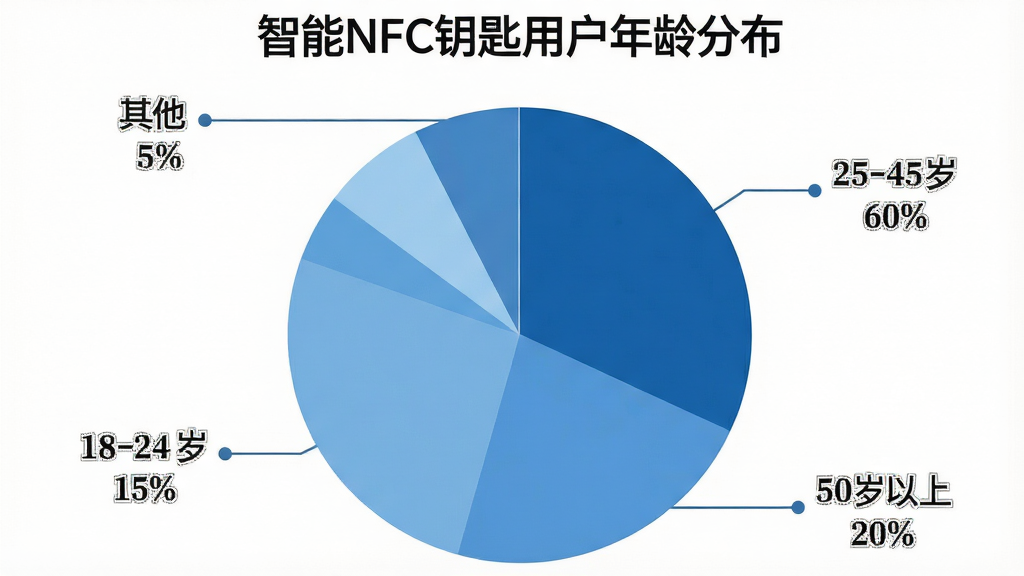 一张饼状图数据可视化图片,标题为“智能NFC钥匙用户年龄分布”,饼图分为四个扇区分别标注“25-45岁 60%”“50岁以上 20%”“18-24岁 15%”“其他 5%”,配色采用蓝色系深浅渐变,每个扇区旁有引线标注具体年龄和百分比,背景为白色,图表风格简洁商务扁平化,画质清晰干净,无多余元素