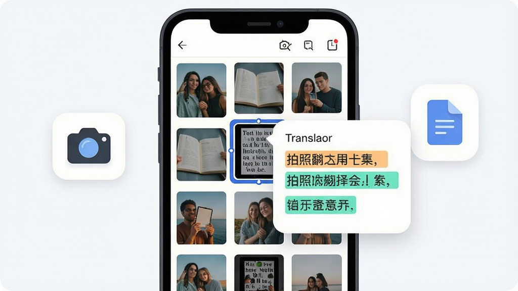 一张拍照翻译星相册导入功能的场景示意图,画面主体是一部手机,手机屏幕显示相册缩略图网格,其中一张外语截图被选中并弹出翻译结果浮层,布局为手机居中、左侧漂浮着相机图标、右侧漂浮着文档图标,排版疏密有致,风格为清爽的矢量插画,细节上浮层边缘圆润、译文用高亮色块标注,画质干净,无多余元素