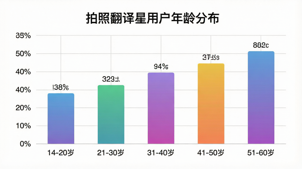 一张拍照翻译星用户年龄分布的柱状图,画面主体是简洁的数据图表,横轴标注年龄段“14-20岁”“21-30岁”“31-40岁”“41-50岁”“51-60岁”,纵轴为人数占比百分比,柱体用渐变色区分,布局为图表居中、标题“拍照翻译星用户年龄分布”置于顶部,排版清晰留白合理,风格为现代扁平数据可视化,细节上柱体有数值标签、网格线浅灰,画质干净,无多余元素
