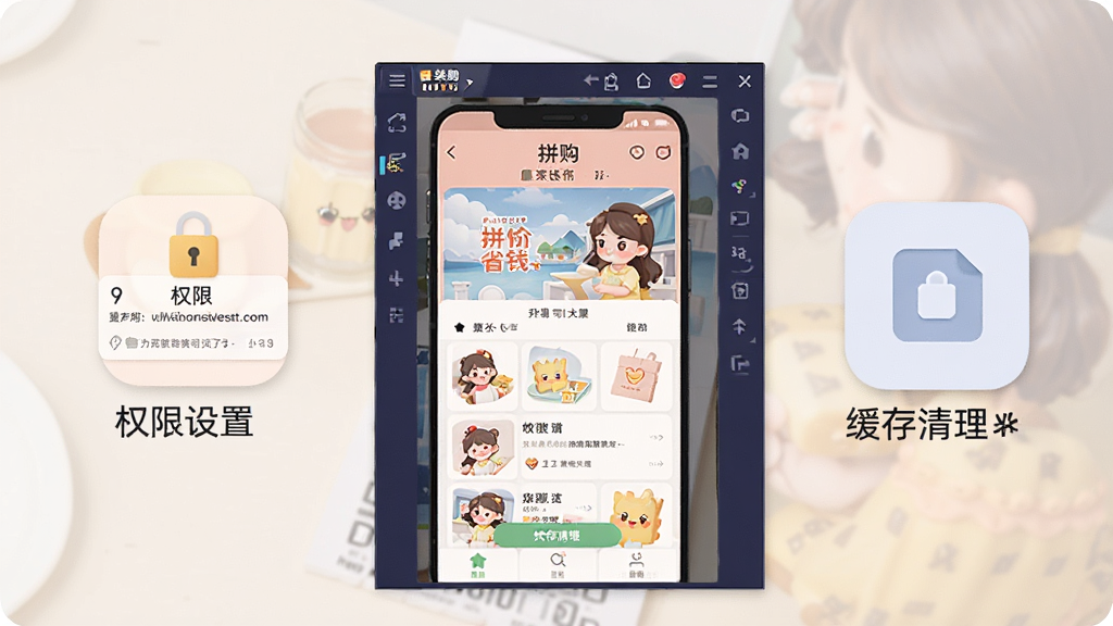 一张展示拼购特价省钱在手机模拟器中运行的界面截图,画面中有模拟器窗口和软件主页面,旁边配有权限设置和缓存清理的示意图标,风格为教程图解式,配色柔和,画质清晰干净,无多余元素