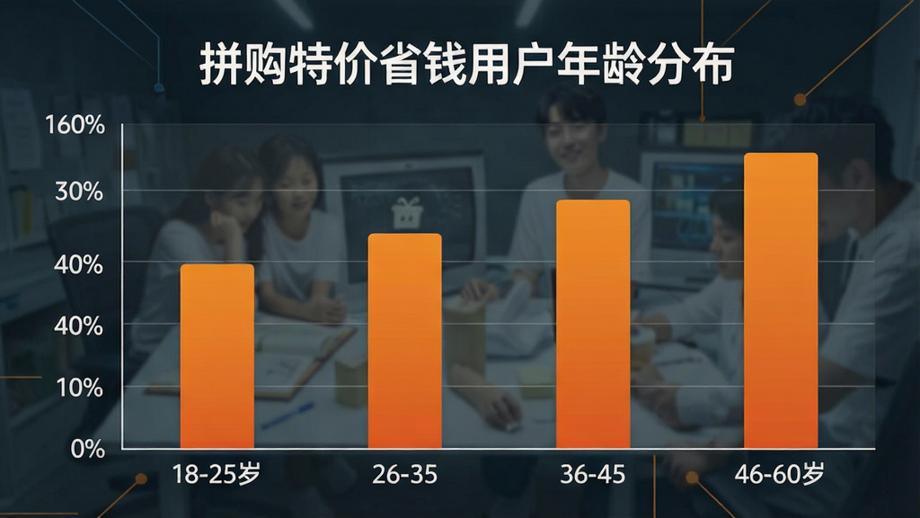 一张展示拼购特价省钱用户年龄分布的柱状图,横轴为年龄段18-25岁、26-35岁、36-45岁、46-60岁,纵轴为用户占比百分比,柱状图颜色为渐变橙色,图表上方有“拼购特价省钱用户年龄分布”标题,风格简洁数据可视化,画质干净无多余元素