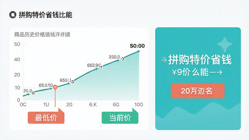 一张展示拼购特价省钱比价功能的界面截图,画面中呈现商品历史价格曲线图,曲线下方标注最低价和当前价,旁边有“拼购特价省钱”字样,整体风格为扁平化数据可视化设计,配色清爽,画质干净无多余元素