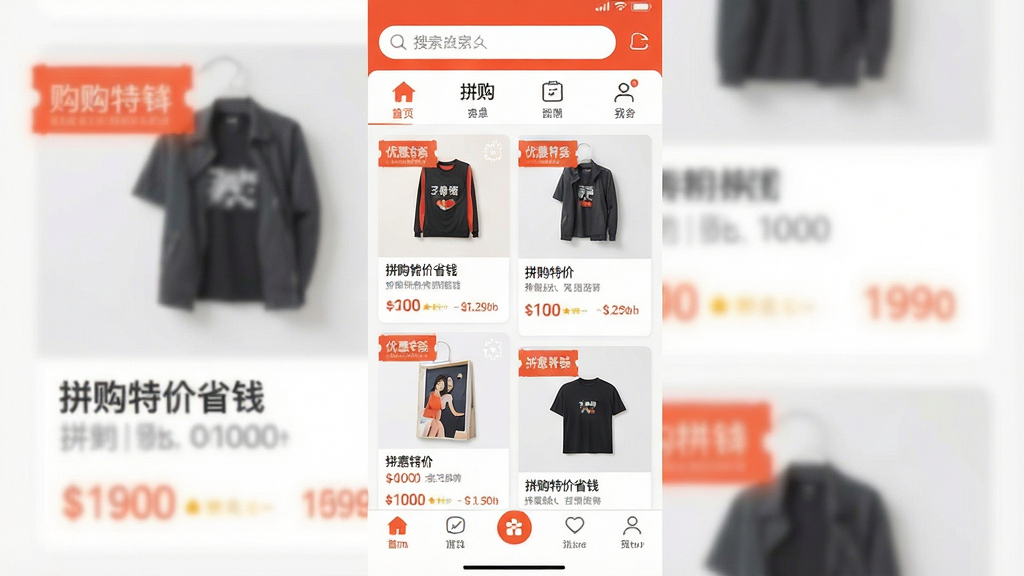 一张展示拼购特价省钱软件核心全貌的竖版手机界面截图,画面中央是软件主页面,顶部有搜索框和分类图标,中间是商品瀑布流卡片,每张卡片上带有优惠券标签和价格对比信息,底部导航栏清晰,风格简洁明快,配色以橙红和白色为主,画质清晰干净,无多余元素,图片中带有“拼购特价省钱”文字