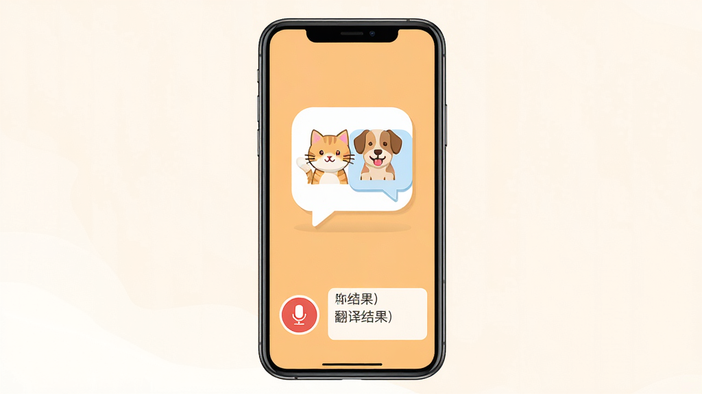 动物翻译器(宠物对话)软件主界面全貌展示,手机屏幕中央是一个卡通猫狗对话气泡图标,下方有录音按钮和翻译结果展示区,整体布局简洁清晰,背景为温暖的浅橘色,风格扁平化设计,画质干净明亮,无多余装饰元素