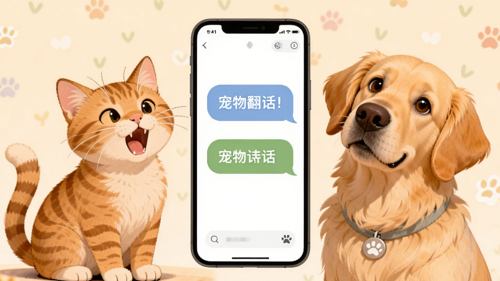 动物翻译器(宠物对话)功能展示图,画面左侧是一只橘猫正在发出叫声,右侧是一只金毛犬歪头倾听,中间是手机屏幕显示翻译结果文字气泡,整体风格温馨可爱,色彩柔和,画质干净清晰,构图左右对称