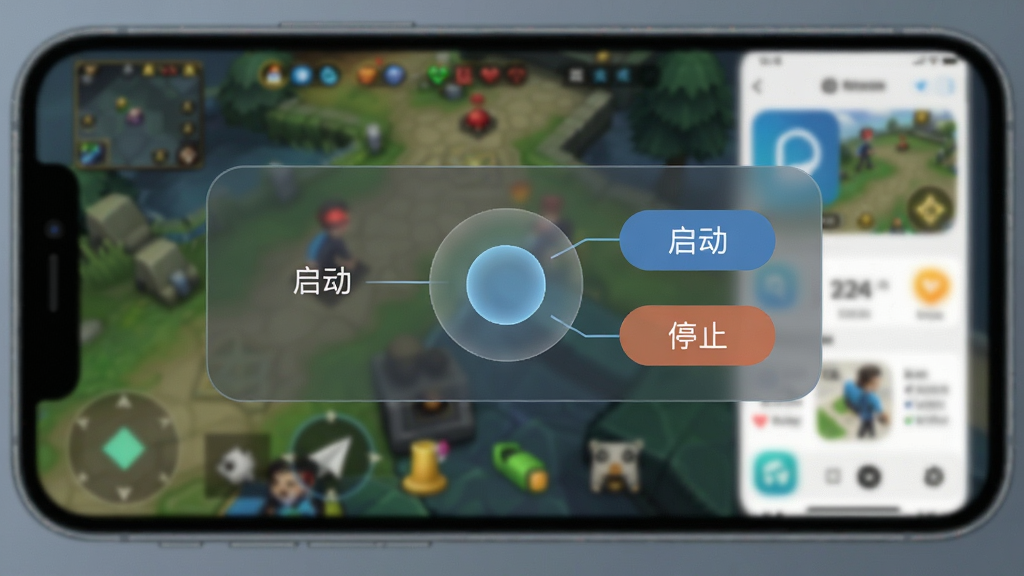 自动击连点器软件功能展示图,画面中手机屏幕悬浮着一个半透明的控制小圆点,旁边标注着启动和停止按钮,背景是游戏和应用界面虚化效果,突出悬浮窗操作的便捷性,风格简洁科技感,画质干净无多余元素