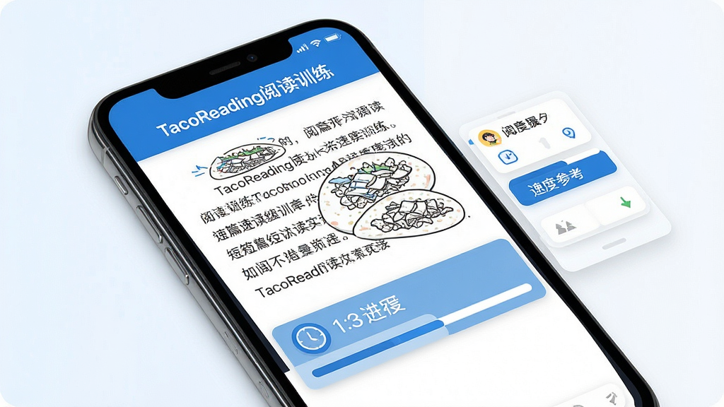 一张展示TacoReading阅读训练短篇速读训练功能的界面图,手机屏幕显示一篇文章正在阅读中,顶部有“TacoReading阅读训练”字样,文章下方有阅读计时器和进度条,界面右侧有速度参考小面板,整体风格简洁清爽,蓝白配色,画质干净,无多余元素