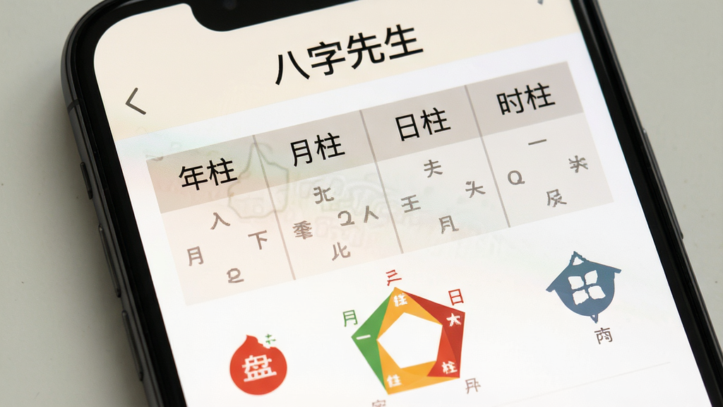 一张手机屏幕特写,显示“八字先生”的排盘结果页面,页面上方是四柱表格,用清晰的字体标注着“年柱”“月柱”“日柱”“时柱”,下方是五行分布的小图标,整体色调为暖白与浅灰,风格扁平化,画质干净,无多余元素