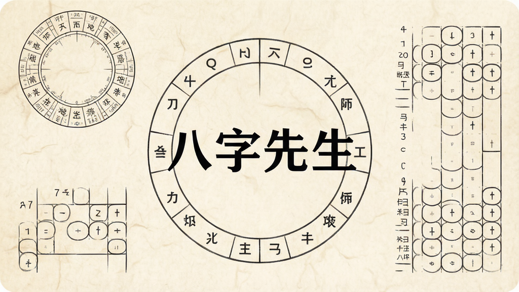 一张手机应用界面截图,画面中央是“八字先生”四个大字,背景为淡雅的米黄色宣纸质感,周围环绕着天干地支的圆形罗盘图案和排盘表格的简化线条,风格简洁现代,布局清晰,画质干净,无多余元素