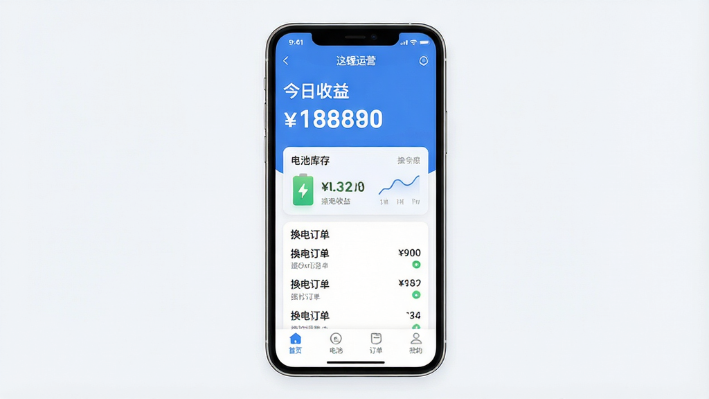 一张竖版手机应用界面展示图,画面中央是一部现代智能手机,屏幕内显示「这锂运营」APP的首页仪表盘,顶部用大号加粗字体写着「今日收益」和具体金额,中间区域是电池库存状态卡片和换电订单列表,底部导航栏有「首页」「电池」「订单」「我的」四个图标,整体布局清晰,采用蓝白配色,风格简洁现代扁平化,细节圆润,画质干净无多余元素