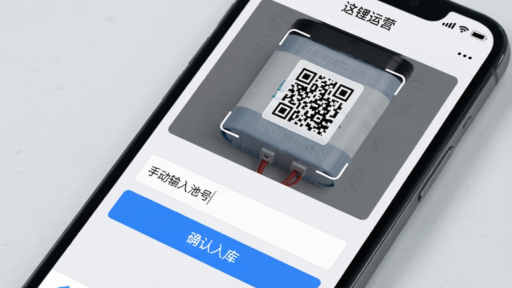 一张手机屏幕特写图,画面中显示「这锂运营」APP的电池入库界面,上方是扫描电池二维码的取景框,下方是手动输入电池编号的文本框,旁边有「确认入库」的蓝色按钮,界面风格简洁,背景为浅灰色,画质清晰干净