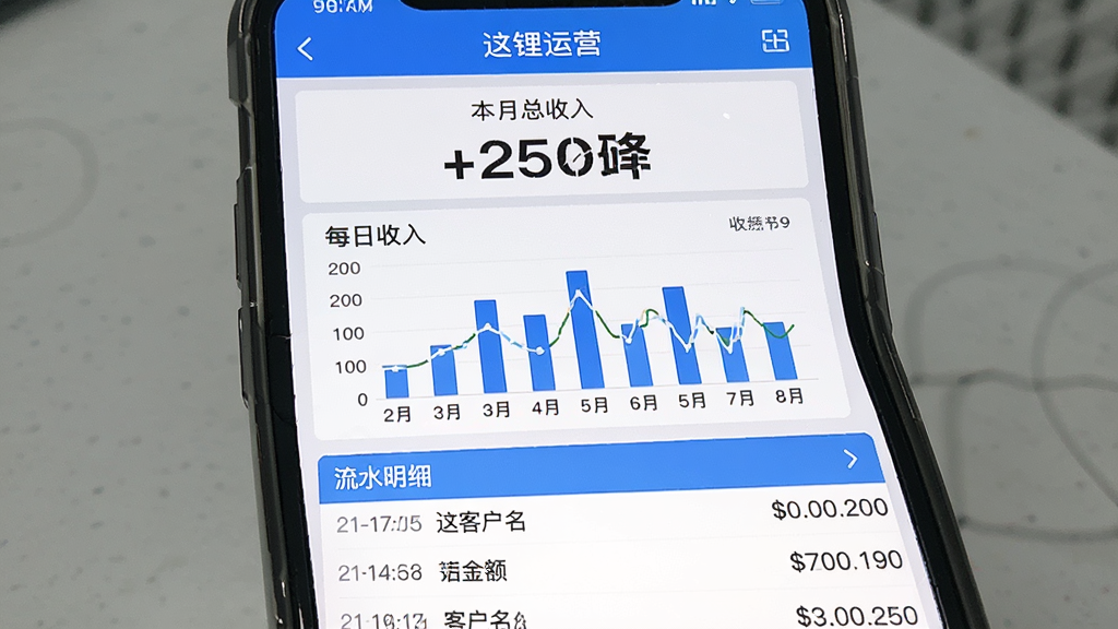 一张手机APP截图风格图片,屏幕内显示「这锂运营」的收益统计页面,上方是本月总收入的大字数字,下方是一个柱状图展示每日收入波动,再往下是流水明细列表,包含时间、客户名、金额等字段,界面配色为蓝白相间,布局规整,画质干净