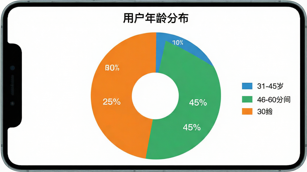一张数据可视化图表,饼状图展示「这锂运营」用户年龄分布,图例显示18-30岁占比25%,31-45岁占比45%,46-60岁占比30%,配色采用蓝、绿、橙三色,背景干净白色,图表标题为「用户年龄分布」,画质清晰